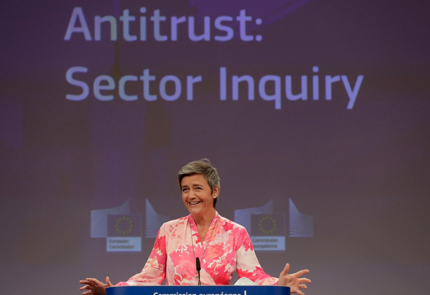 Euroopa Liidu konkurentsivolinik Margarethe Vestager pressikonverentsi andmas.