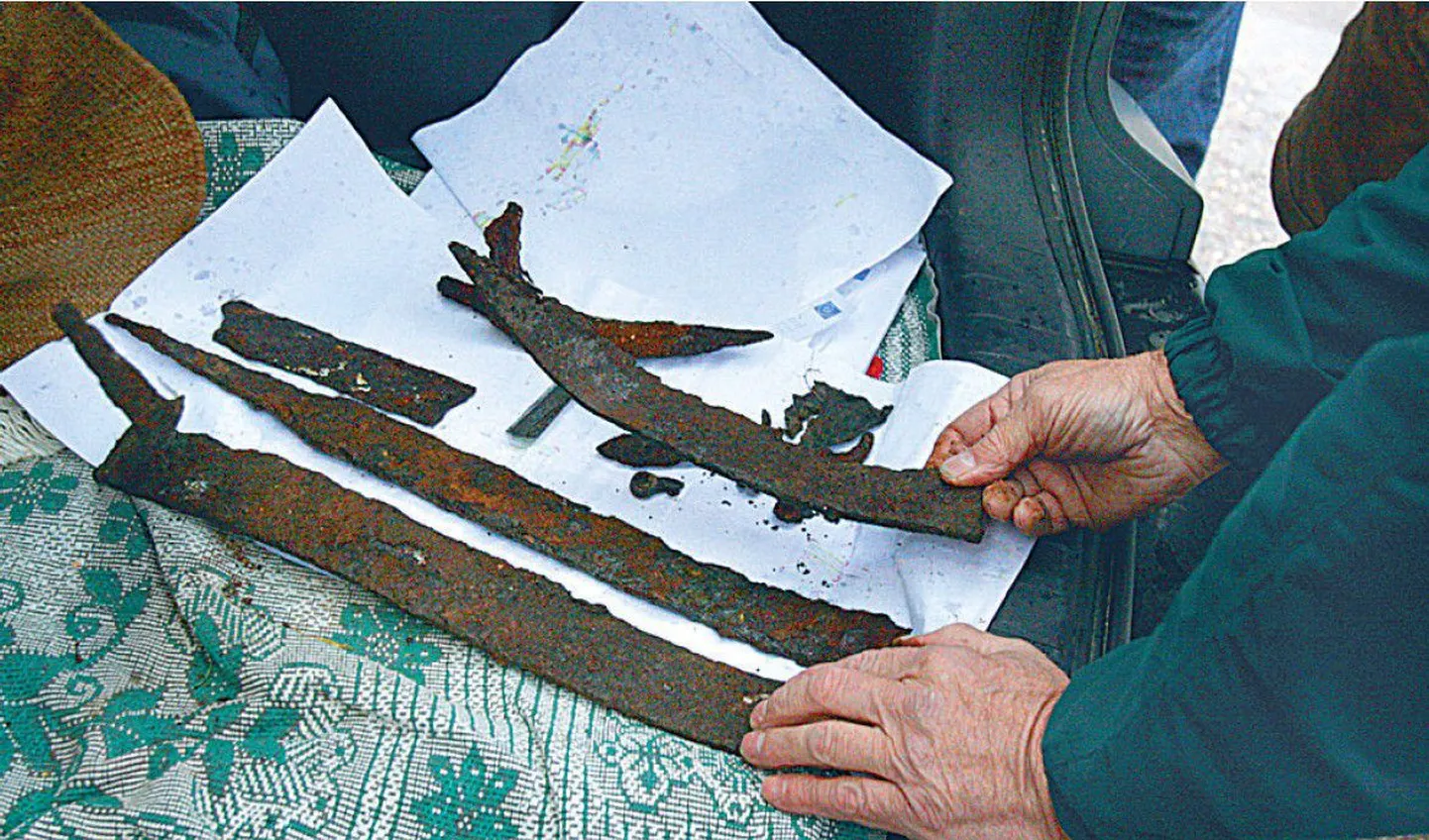 Ajaloolane Mati Mandel uuris eile Salmelt välja kaevatud uusi viikingileide. Fotol hoiab ta käes Eestis unikaalset üheteralist viikingimõõka.