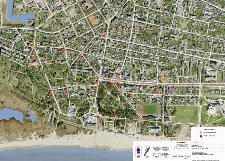 Liiklusskeem, mis kehtib Pärnu ranna piirkonnas 16. augustil  kella 9st kuni 19. augustil kella 3ni.