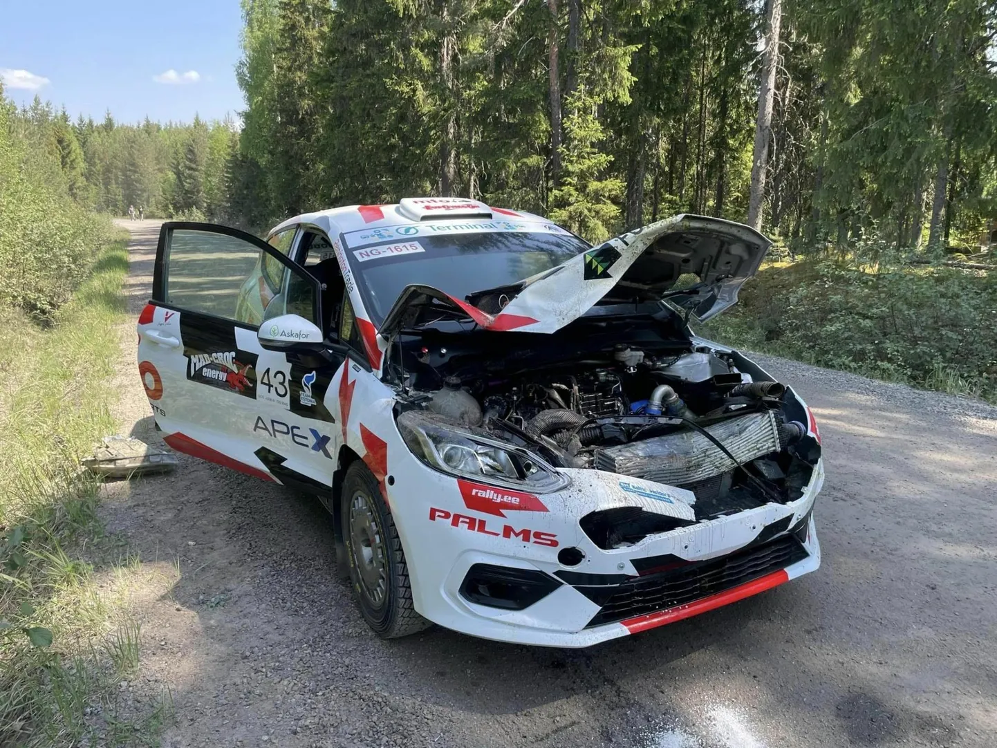 Auto sai kitsega kokku põrgates korralikult kannatada, süttis põlema ja jättis rallipaari raja äärde.