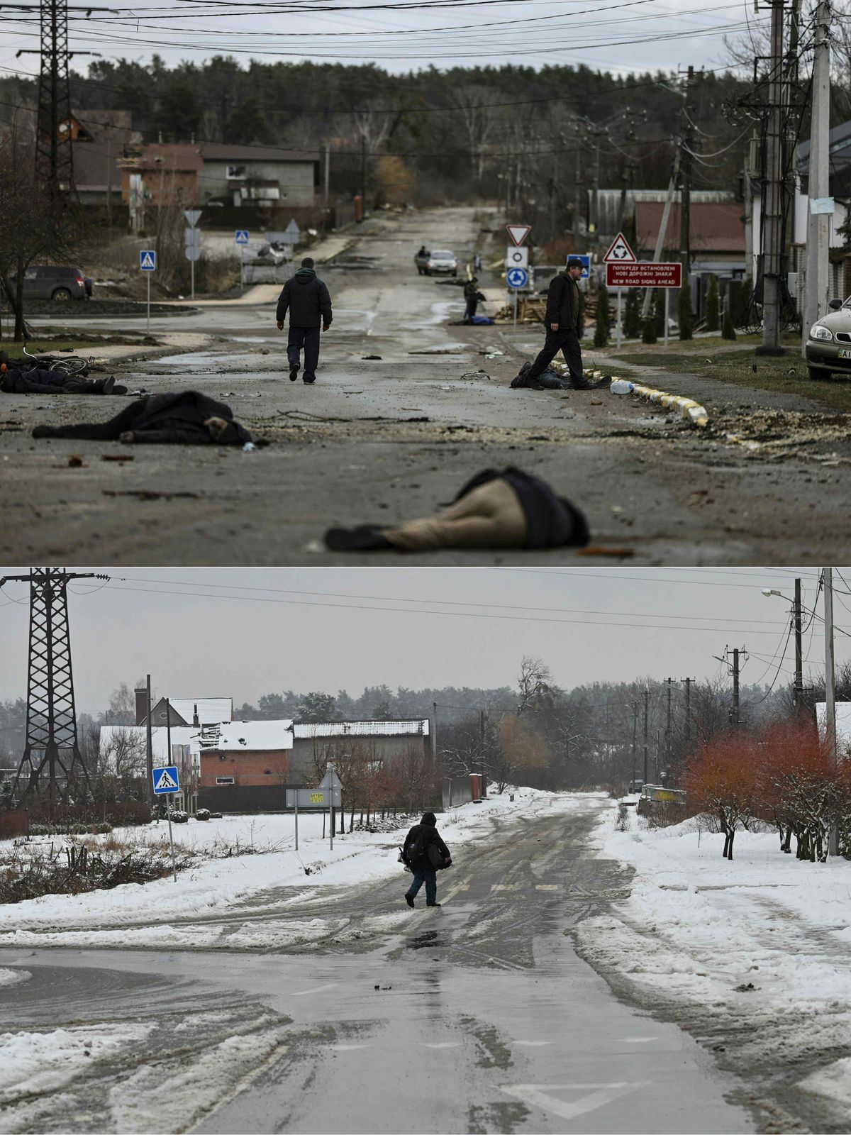 Сверху: Буча 2 апреля 2022 года, когда город был освобожден от российской оккупации и вскрылись совершенные в то время зверства. Снизу: та же самая улица в Буче 10 февраля 2024 года.