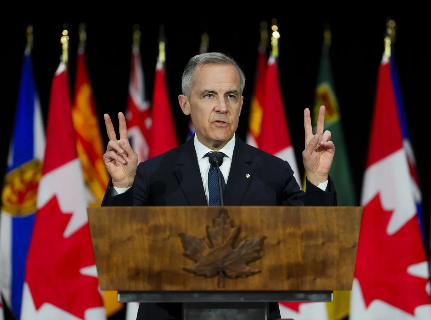 Kanada peaminister Mark Carney pressikonverentsil pärast kohtumist provintside juhtidega 21. märtsil.