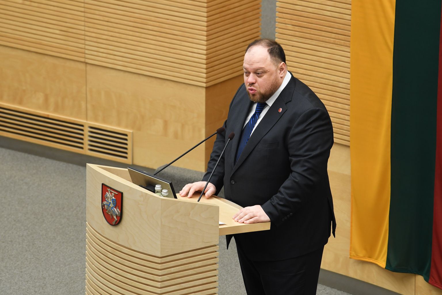 Ukraina ülemraada esimees Ruslan Stefantšuk esinemas Vilniuses Leedu-Ukraina-Poola parlamentaarse assamblee kohtumisel.
