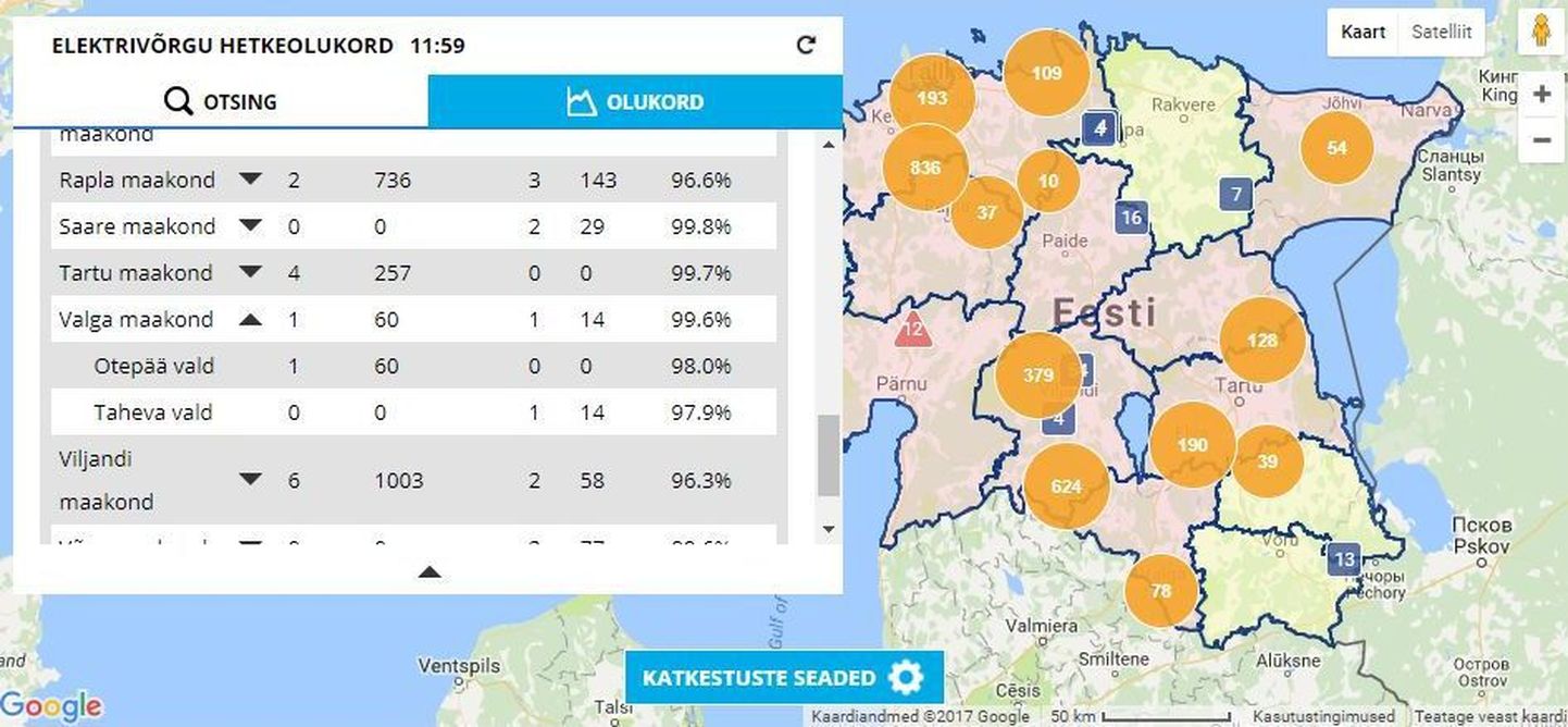 Kella 12 seisuga on Viljandis 1003 rikkelist elektrivõrgu katkestust.