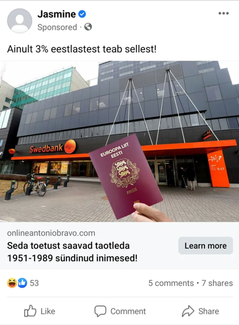 Sponsoreeritud postitus, mis ärgitab inimesi pettuse õnge minema.