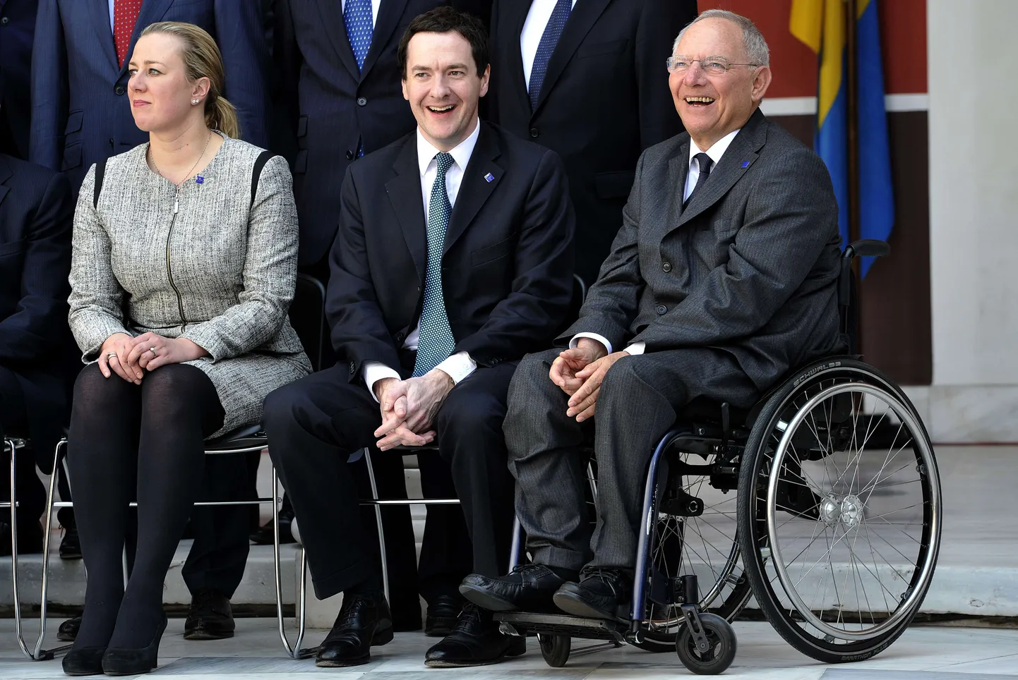 Soome rahandusminister Jutta Urpilainen, Briti rahandusminister  George Osborne ja Saksa rahandusminister Wolfgang Schäuble (paremal) 1. aprillil Ateenas.