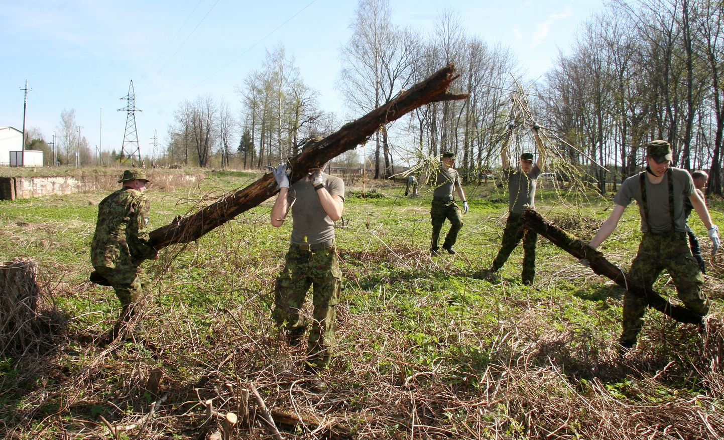 Kaitseväelased korjasid pargist kokku puunotte ja oksi.