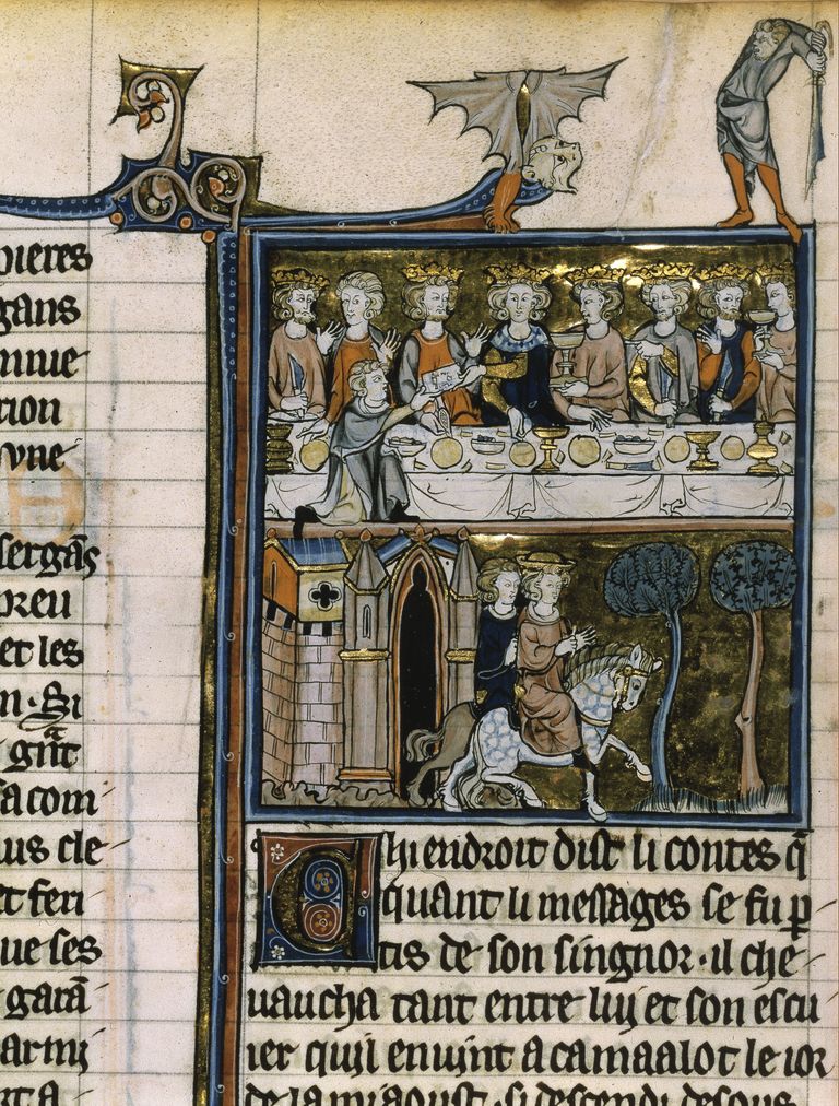 Keskaegne manuskript, millel on kujutatud kuningas Arthurit ja kuninganna Guinevere'i (all) ning ümarlauarüütleid (üleval)