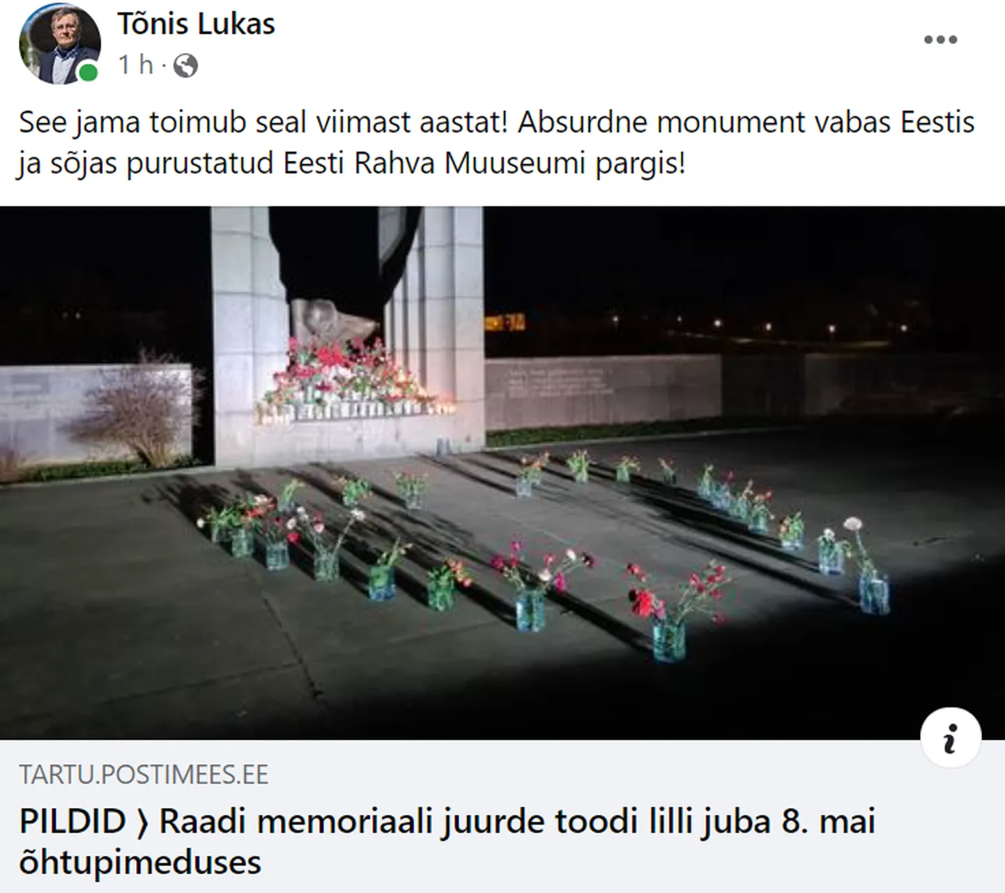 Tartu volikogu esimehe Tõnis Lukase tänane sotsiaalmeediapostitus.