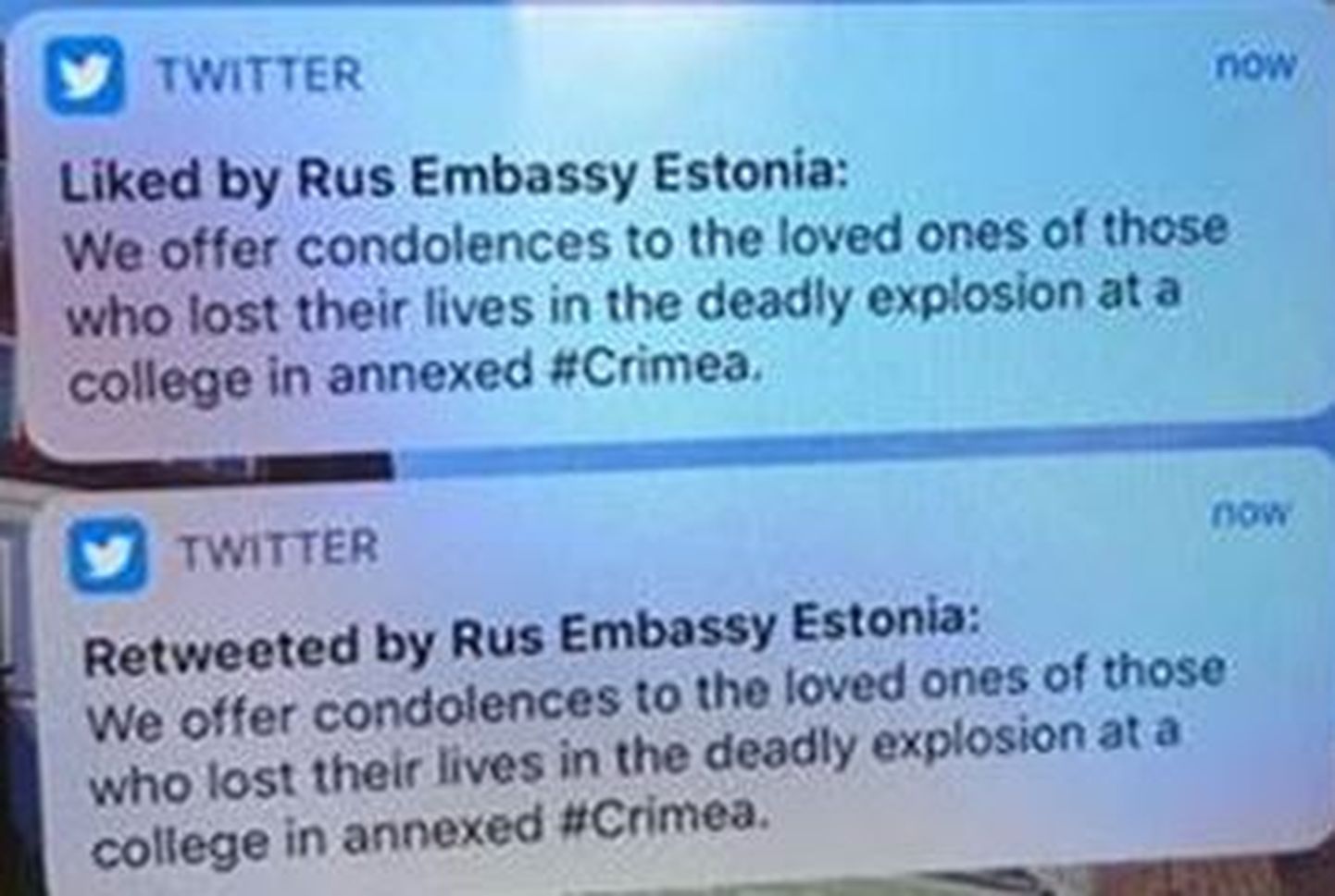 Vene saatkond jagas Twitteris Eesti välisministeeriumi postitust annekteeritud Krimmist.